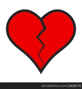 Heart icon with a crack divided in half, vector broken heart symbol of parting separation, concept of broken love, unhappy love, divorce, crisis of a relationship