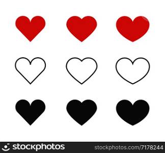Heart icons. Collection of different red and black hearts icons in flat and linear design. Eps10. Heart icons. Collection of different red and black hearts icons in flat and linear design