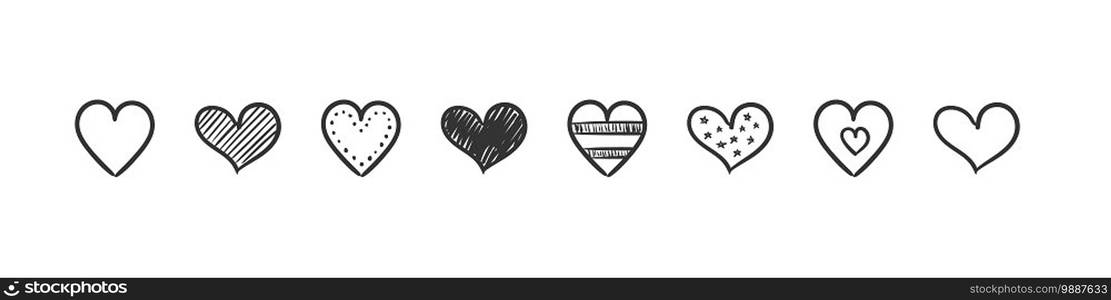 Heart icons doodle. Hand drawn icons. Hand Drawn marker hearts isolated on white background. vector illustration