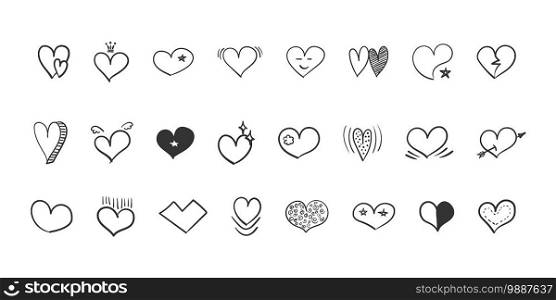 Heart icons set. Doodle hearts. Hand Drawn icon hearts isolated on white background. Trendy design. Vector illustration