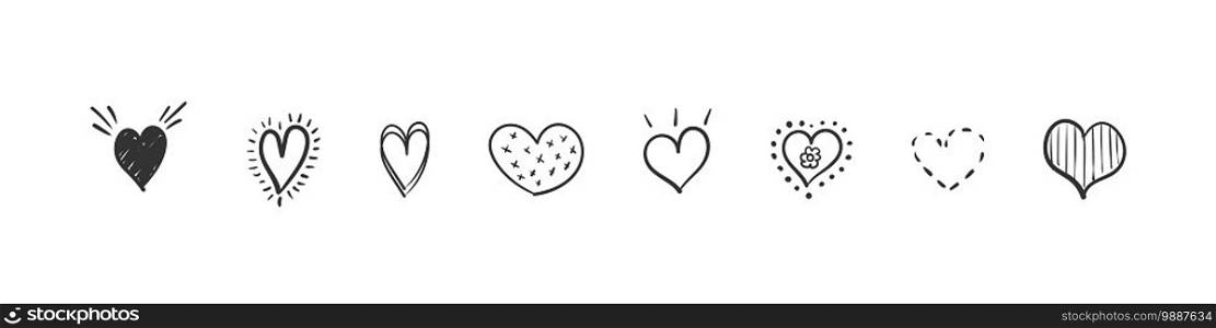 Heart icons set. Hand drawn hearts. Hand Drawn icon hearts isolated on white background. Vector illustration