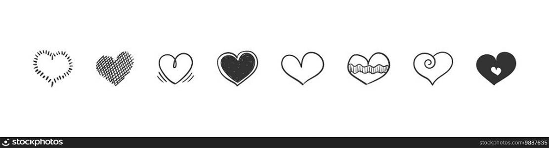 Heart icons set. Hand drawn hearts. Hand Drawn icon hearts isolated on white background. Trendy design. Vector illustration