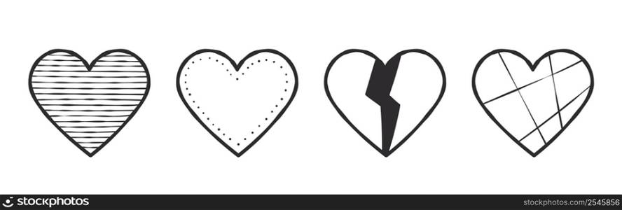 Heart icons set. Hearts drawn by hand with different textures. Vector images
