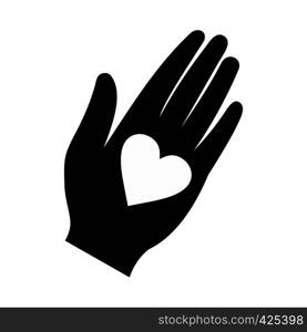 Heart in a hand black simple icon isolated on white background. Heart in a hand black simple icon