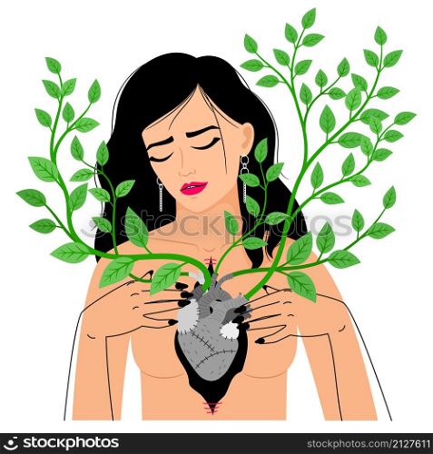 Heart in chest. Cartoon anatomical organ with branches and green leaves, lady showing biological cardiovascular element, vector illustration of pump for blood with stitches. Heart in chest with branches