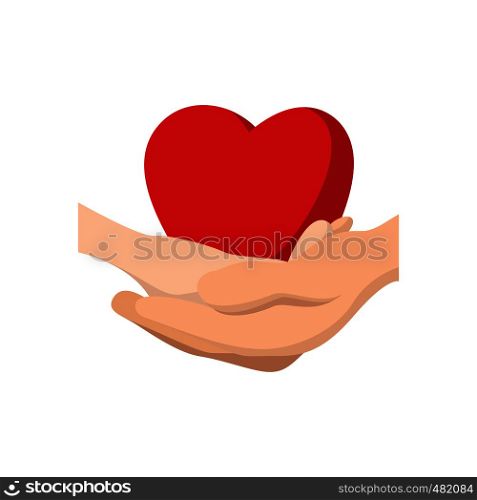 Heart in hands cartoon icon. Donation symbol on a white background. Heart in hands cartoon icon