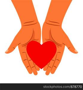 Heart in hands isolated on white. Vector hearts shape in outstretched hands for health caring, people charity and donation concepts. Hearts shape in outstretched hands