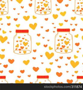 Heart in mason jars pattern background, Pattern with glass jar and heart inside, Love doodle style pattern, Gift wrapping paper background, Vector illustration.