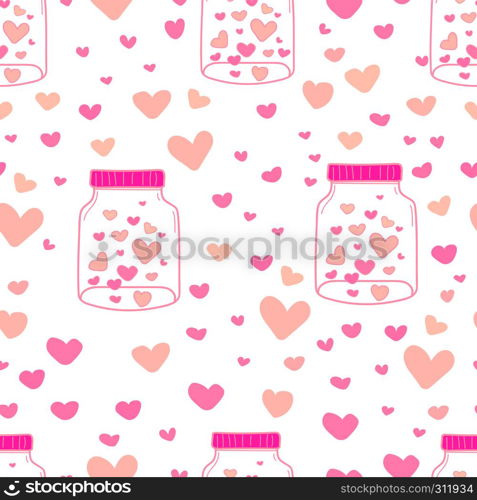 Heart in mason jars pattern background, Pattern with glass jar and heart inside, Love doodle style pattern, Gift wrapping paper background, Vector illustration.