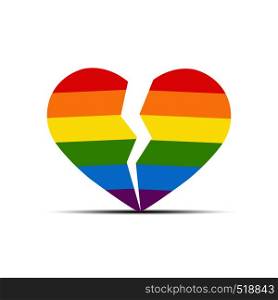 Heart in the colors of LGBT is split into two halves, flat design