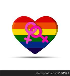 Heart in the colors of the LGBT with the symbol of lesbians. Two symbols of the feminine on the background of hearts in colors of LGBT