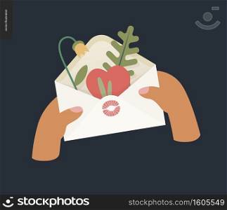 Heart in the envelope -Valentines day graphics. Modern flat vector concept illustration - two hands holding the open envelope with a heart, flower and plants inside. Lipstick kiss mark. Heart in the envelope - Valentine graphics