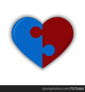 heart is made up of the red and blue halves of the puzzle