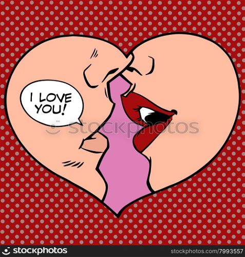 Heart kiss I love you pop art retro style. Man and woman romantic wedding or Valentines day. Heart kiss I love you