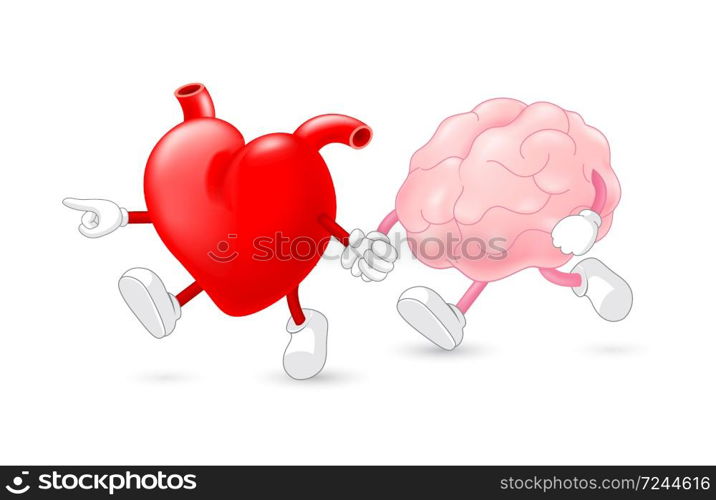 Heart leading brain character. hand in hand and walking together. Emotion over concept. Use brain and heart, vector illustration isolated on white background.