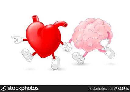 Heart leading brain character. hand in hand and walking together. Emotion over concept. Use brain and heart, vector illustration isolated on white background.