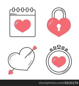 Heart Line Icons. Heart line icons - calendar, lock, cupids arrow and ring, vector eps10 illustration