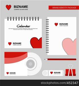 Heart Logo, Calendar Template, CD Cover, Diary and USB Brand Stationary Package Design Vector Template