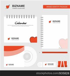 Heart Logo, Calendar Template, CD Cover, Diary and USB Brand Stationary Package Design Vector Template