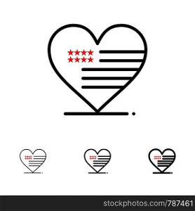 Heart, Love, American, Flag Bold and thin black line icon set