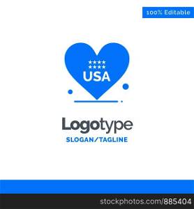 Heart, Love, American, Usa Blue Solid Logo Template. Place for Tagline