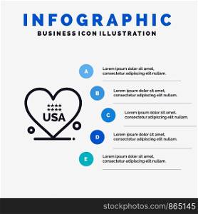 Heart, Love, American, Usa Line icon with 5 steps presentation infographics Background