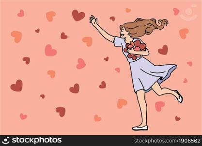 Heart, love and happiness concept. Young smiling woman cartoon character walking collecting red hearts in hands feeling love vector illustration . Heart, love and happiness concept.