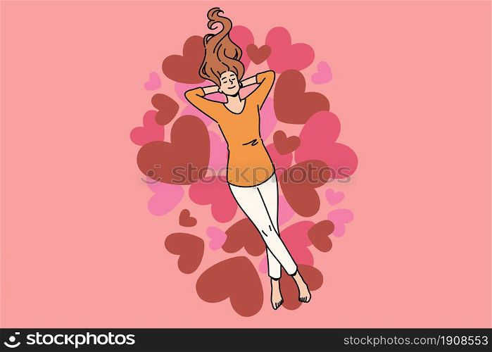 Heart, love and positive emotions concept. Young smiling woman cartoon character lying enjoying warm feelings over heap of hearts vector illustration . Heart, love and positive emotions concept.
