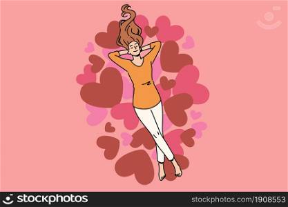 Heart, love and positive emotions concept. Young smiling woman cartoon character lying enjoying warm feelings over heap of hearts vector illustration . Heart, love and positive emotions concept.