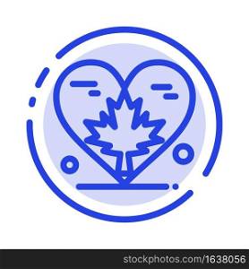 Heart, Love, Autumn, Canada, Leaf Blue Dotted Line Line Icon