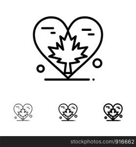 Heart, Love, Autumn, Canada, Leaf Bold and thin black line icon set