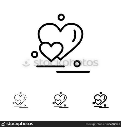 Heart, Love, Couple, Valentine Greetings Bold and thin black line icon set