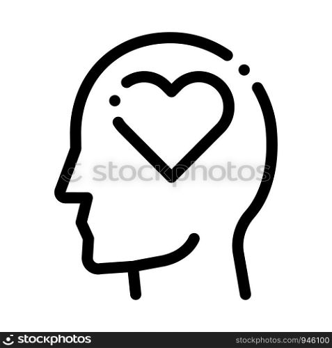 Heart Love Symbol In Man Silhouette Mind Vector Icon Thin Line. Cube And Brain, Puzzle And Shield, Padlock And Magnifier Concept Linear Pictogram. Black And White Template Contour Illustration. Heart Love Symbol In Man Silhouette Mind Vector
