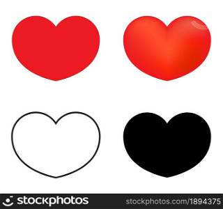 Heart love symbol. Outline, silhouette and red color shape. Vector illustration isolated on white.