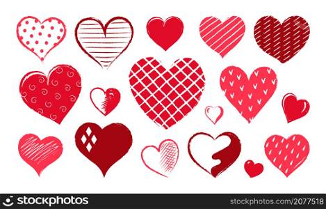 Heart love symbol. Red paintbrush scribble shape. Amour or romance hand drawn signs set. Romantic icons with different ornaments. Isolated doodle brushstroke wedding elements. Vector Valentine art. Heart love symbol. Paintbrush scribble shape. Amour or romance hand drawn signs set. Romantic icons with different ornaments. Doodle brushstroke wedding elements. Vector Valentine art