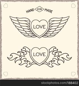  Heart love symbol with wings and fire. Love heraldic icons 