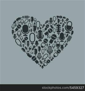 Heart made of a microphone. A vector illustration