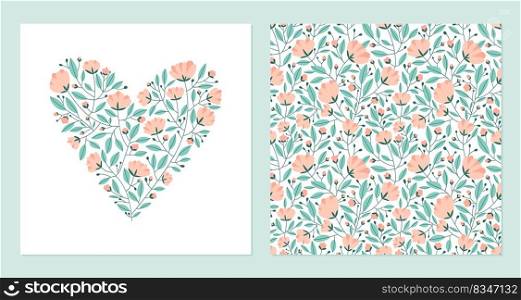Heart made of flowers and seamless pattern. Vector template for postcard or print on fabric for valentine s day. Vector illustration isolated on white background.. Heart made of flowers and seamless pattern. Vector template for postcard or print on fabric for valentine s day.