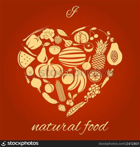 Heart made of fruits and vegetables natural organic food concept vector illustration