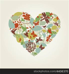 Heart made of plants and butterflies. A vector illustration