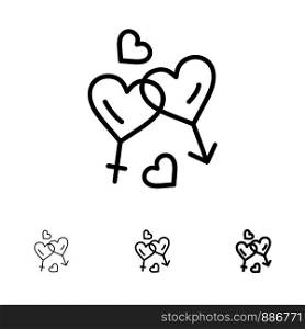 Heart, Man, Women, Love, Valentine Bold and thin black line icon set