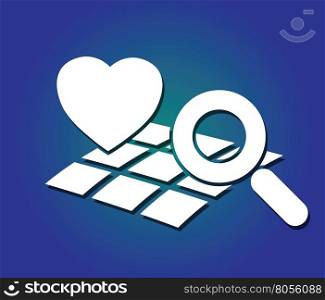 heart, map and magnifying glass symbols on blue background like searching concept abstract vector illustration