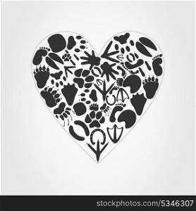 Heart of an animal. Heart collected from traces of animals. A vector illustration