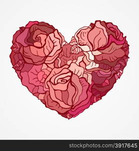 Heart of flowers roses.. Heart of roses. Valentine Greeting card. Hand drawn vector illustration.