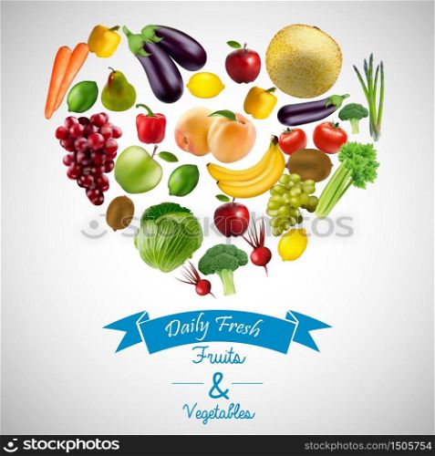 Heart of fruits and vegetables with blue ribbon.vector