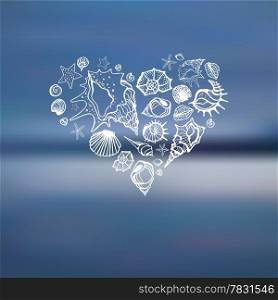 Heart of Sea shells. Summer holidays. Hand drawn vector illustration. Sea background.