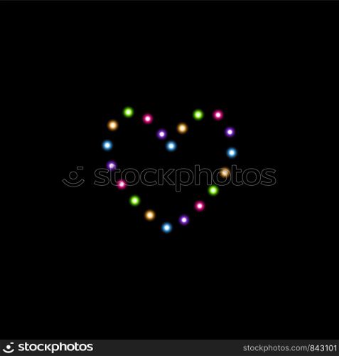 Heart of the multicolored lamps on a black background. Valentines day card. Heart with inscription I Love You. Vector illustration.. Heart of the multicolored lamps on a black background. Valentines day card. Heart with inscription I Love You. Vector illustration