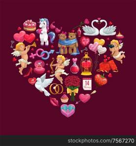 Heart of Valentines Day gifts, romantic couples and chocolate, Cupids, love envelope and bouquet, rings, holiday calendar and rose flowers, candy and red ribbons. Vector greeting card. Valentines Day gifts, Cupids, symbols heart