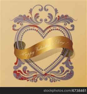 Heart old frame witth a golden ribbon. | Vector illustration.