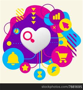Heart on abstract colorful spotted background with different icons and elements. Flat design for the web, interface, print, banner, advertising.